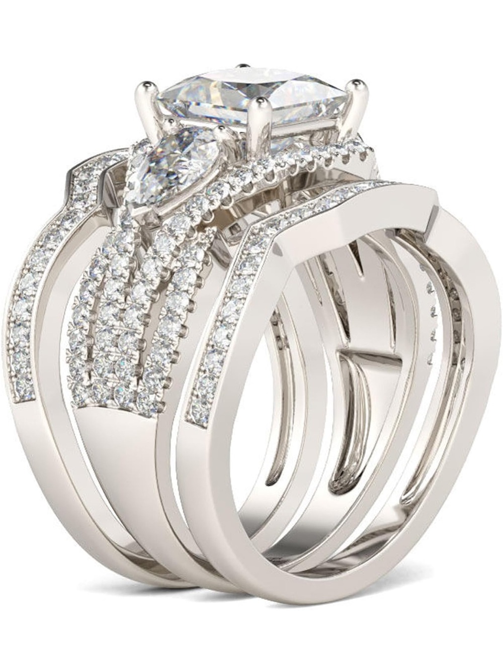 Julia Sterling Silver Brilliant Princess-Cut White Stone Silver-Bridal Ring Set - Picture 3 of 13
